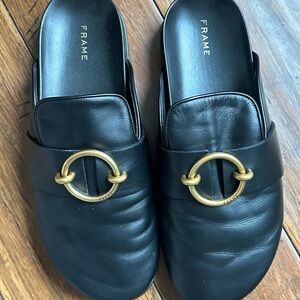 Frame Denim Black Leather Slip-On Mules with Gold Ring Accent